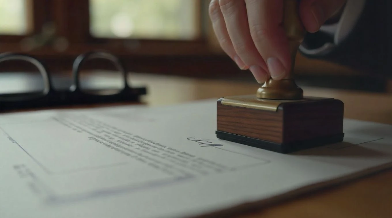 A hand stamps an iGaming compliance document on a dark surface, with a blurred rolled paper in the background.
